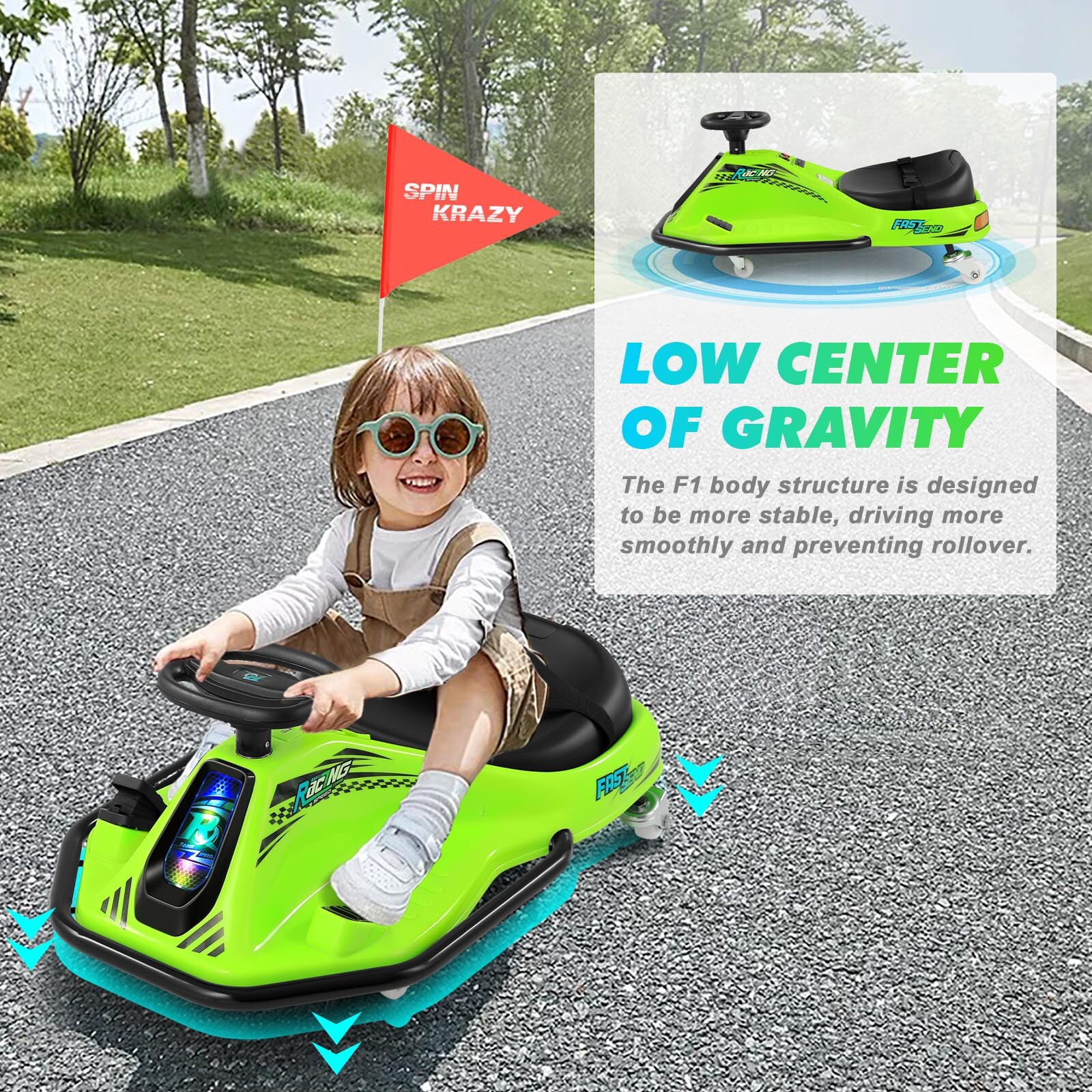 360° 24V Kids Electric Drifting Go Kart Ride On Cart with Bluetooth (Green)