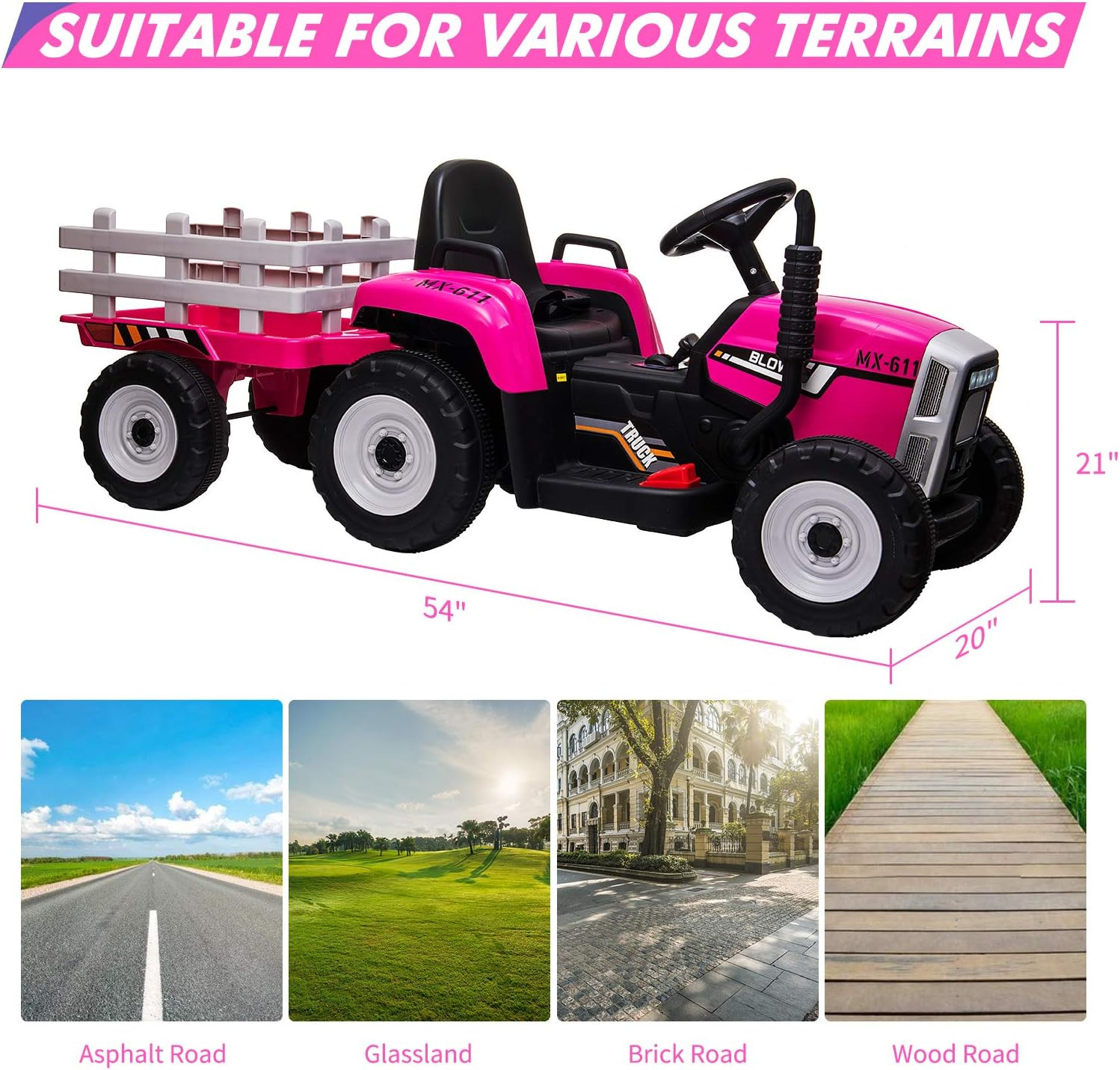 12V Kids Battery Powered Electric Tractor with Trailer, Toddler Ride on Car with