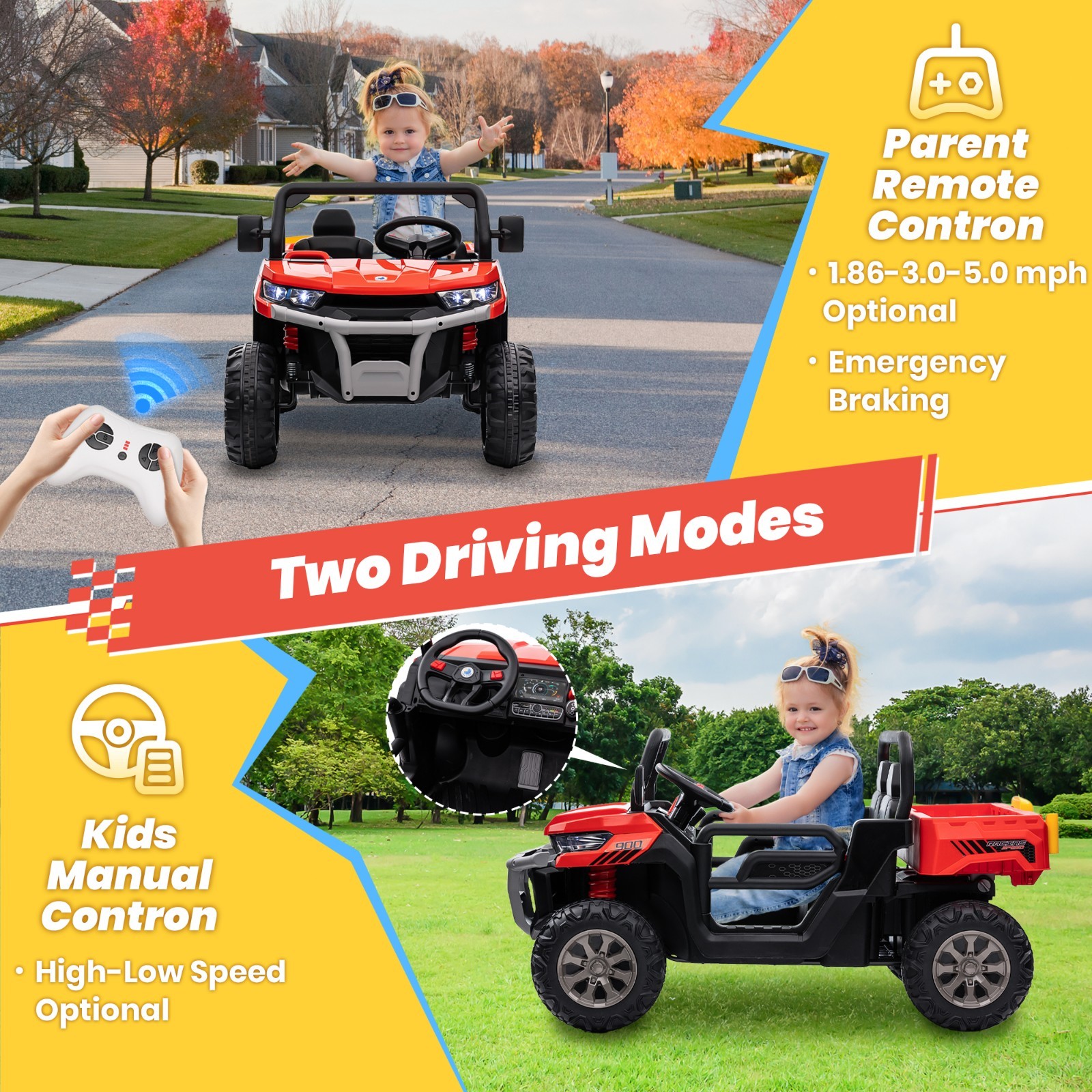 Ride-On Dump Truck with Remote Control 2-Seater Bluetooth LED Lights