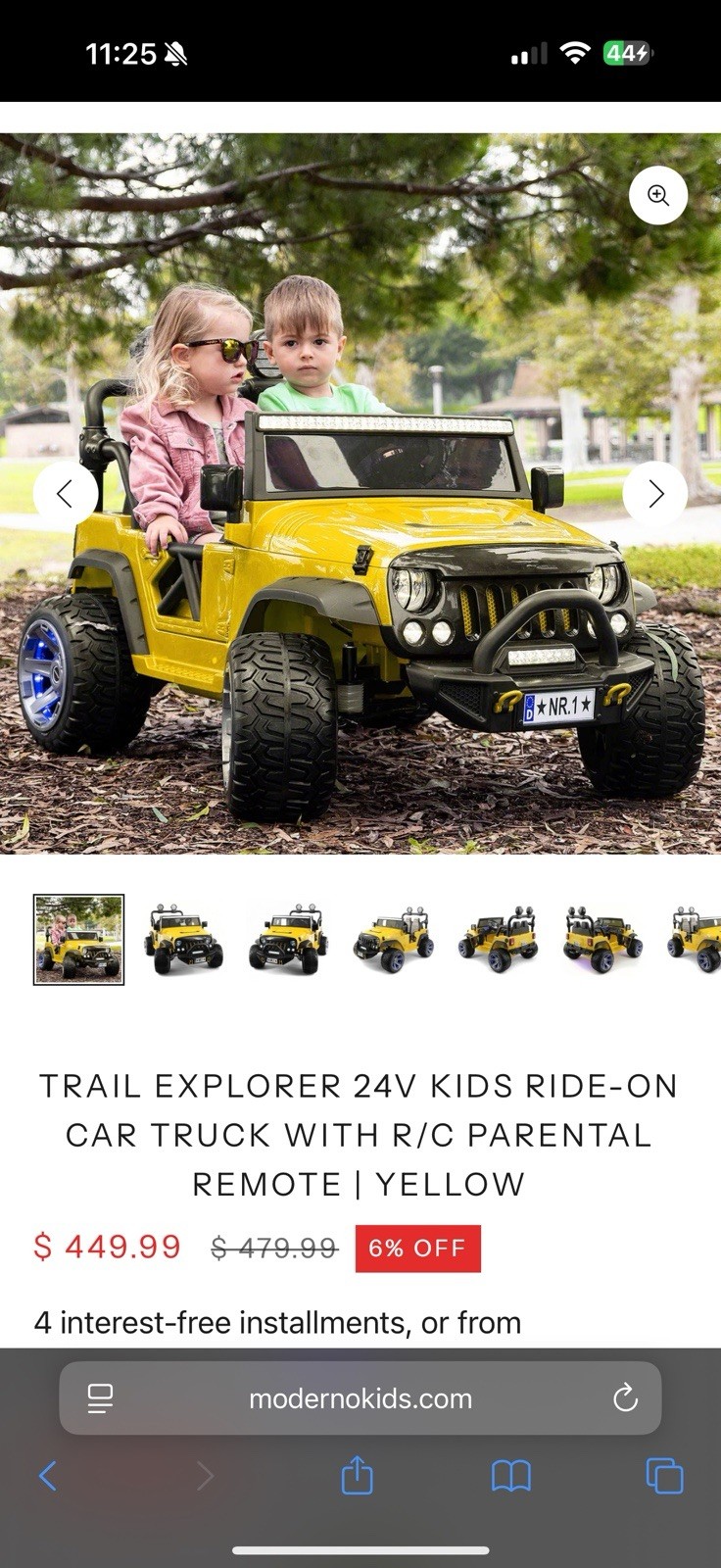 Moderno Kids Trail Explorer 24V Ride-On Truck w/ RC Remote Yellow