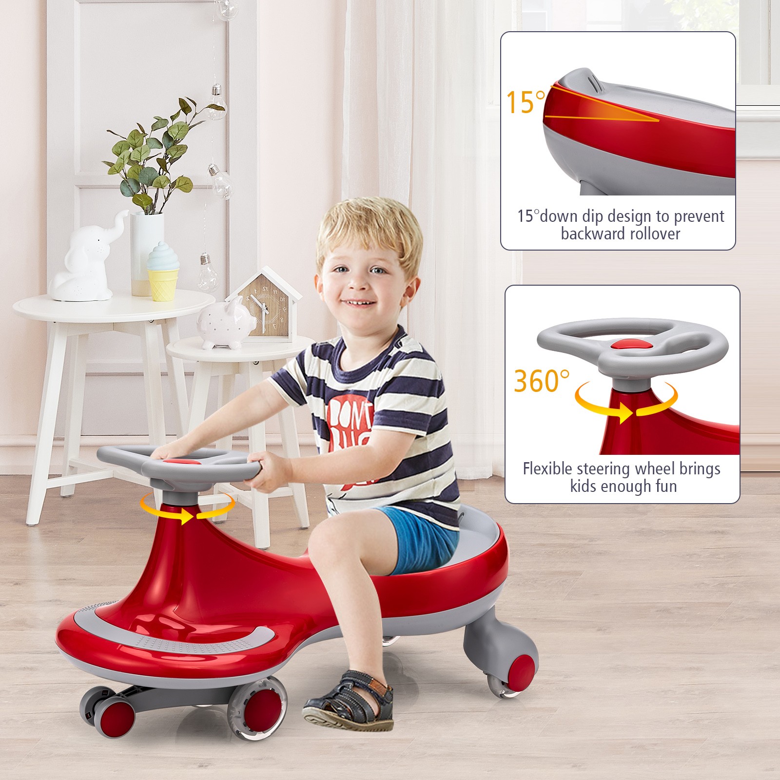 Babyjoy Wiggle Car Ride-on Toy w/ Flashing Wheels for Toddlers & Kids Red