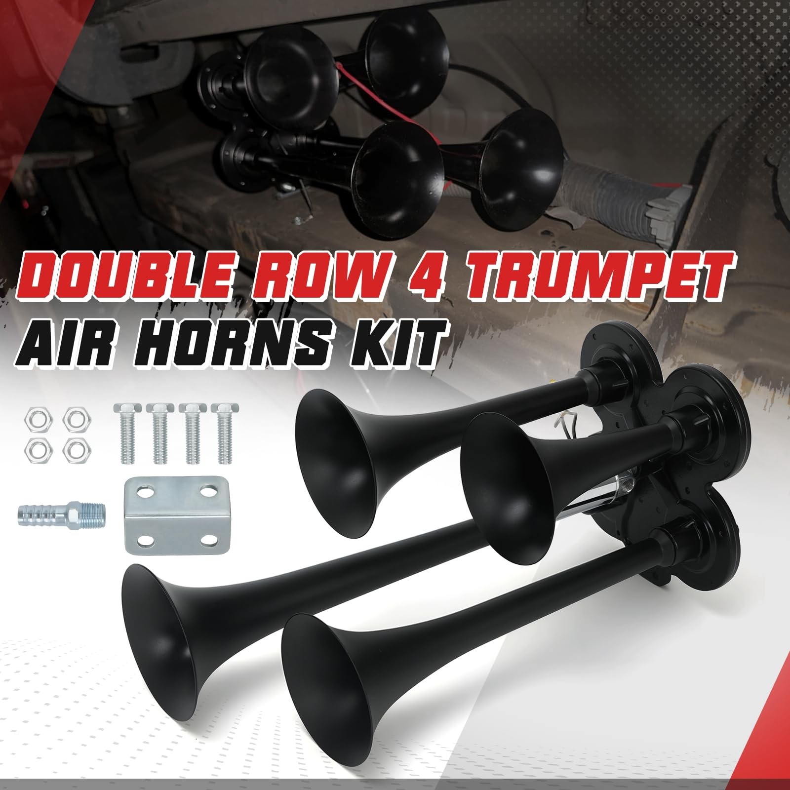 Double Row 4 Trumpet Air Horns Kit w/Electric Solenoid & Mounting Hardware 12…