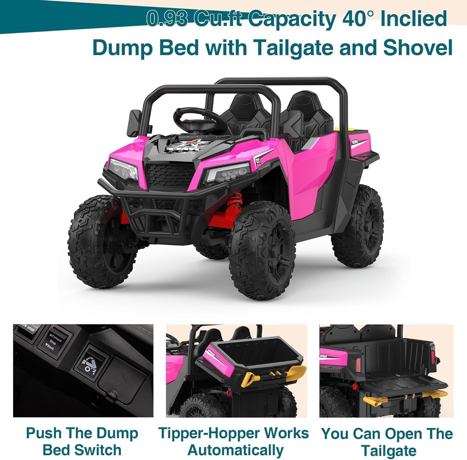 24V Ride On Truck for Kids w/ Remote, 4WD, LED Lights,Bluetooth,Dump Bed,2 Seats