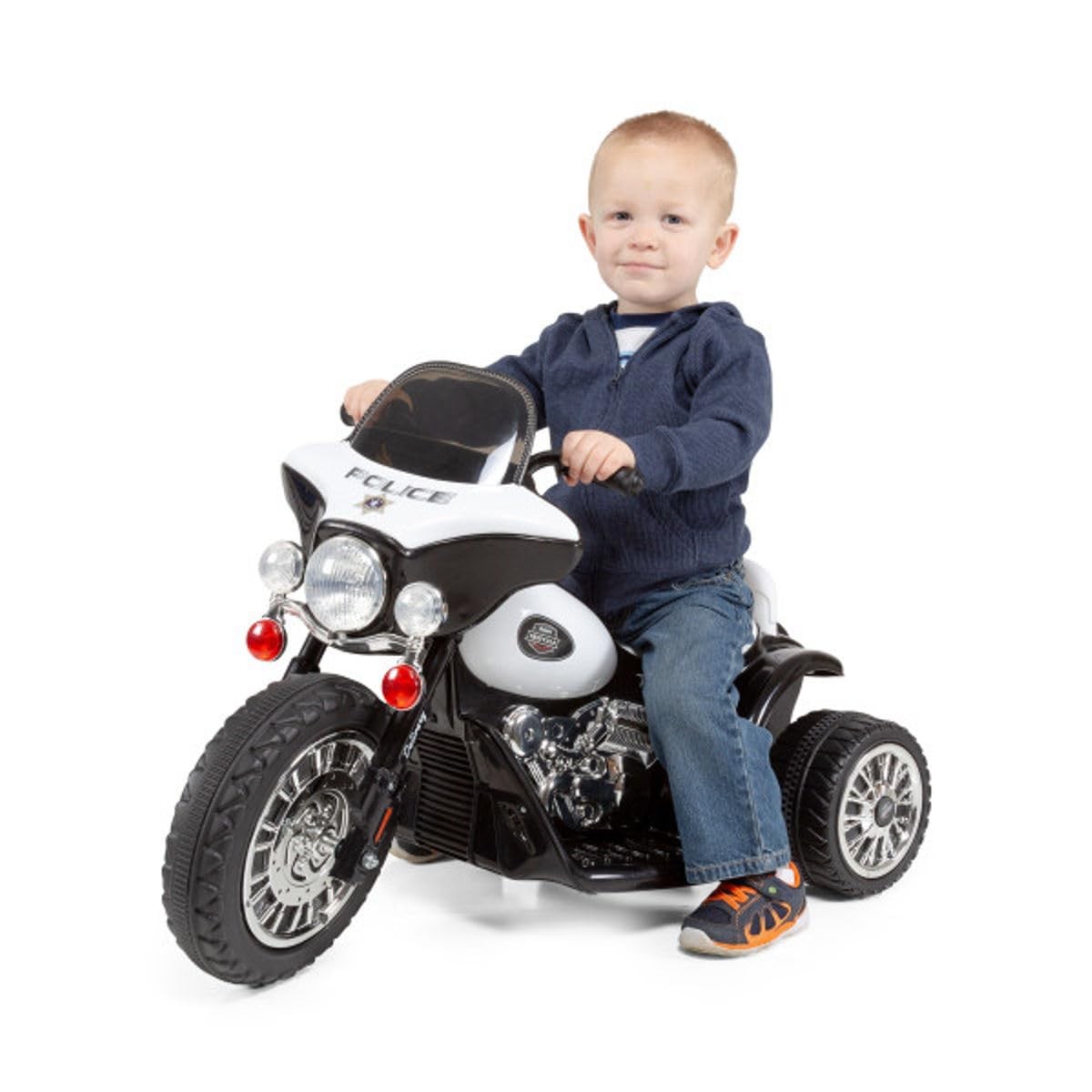 Kids Motorcycle – 3-Wheel Ride on Toy with Police Decals, Reverse, and Headli…