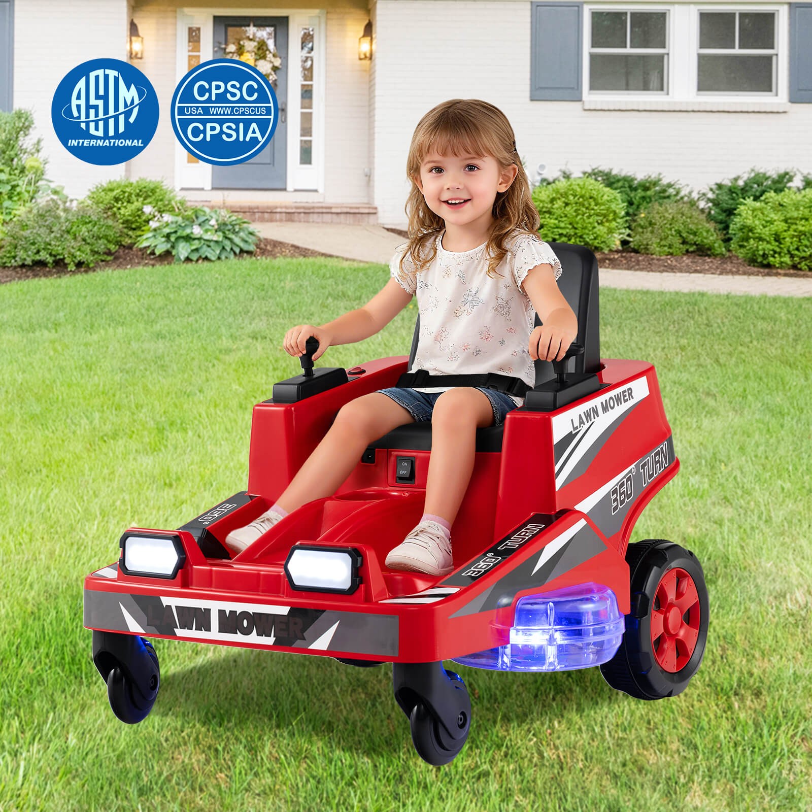 12V Ride on Lawn Mower w/Dual Control Sticks LED Lights Twist Turn for Aged 3-8