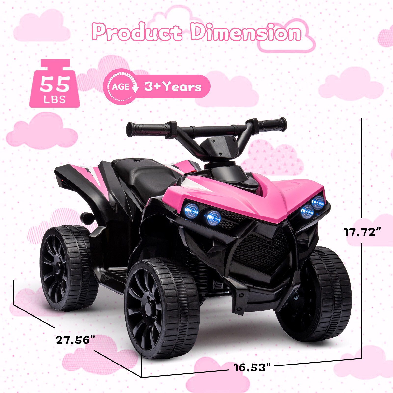 Kids Ride on Toy Car, 6V Battery Powered Quad Electric Vehicle with LED Lights