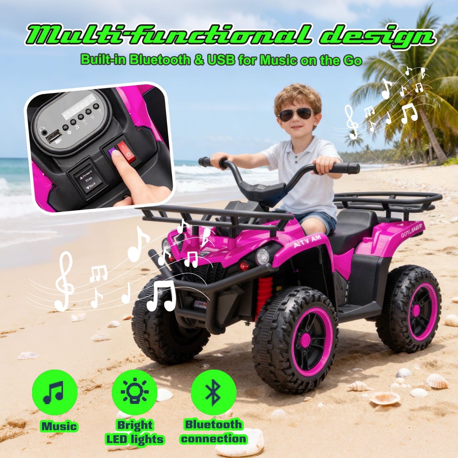 24V Kids Ride On ATV, 160W Off-Road Toys w/LED, Dual Storage Racks,Pink