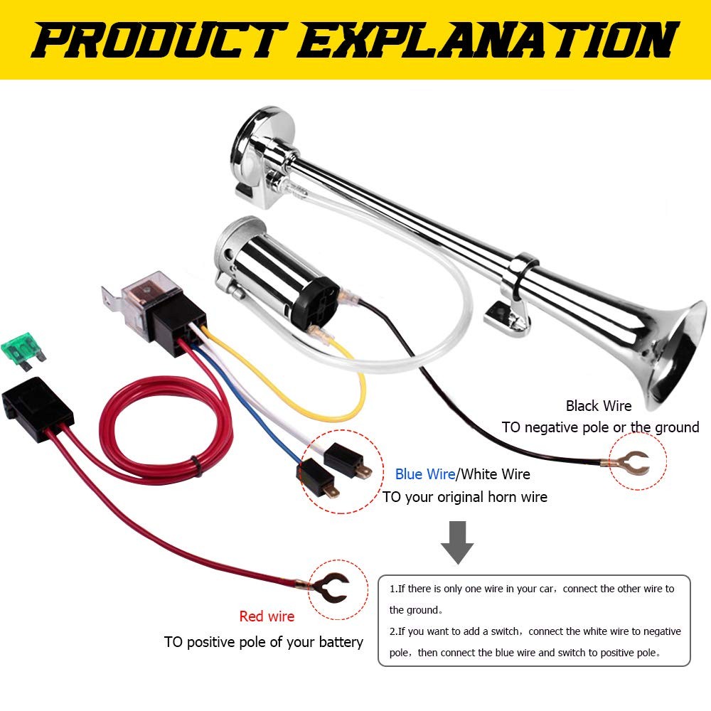 12V 150DB Car Air Horns, 18 Inches Chrome Zinc Single Trumpet Truck Air Horn wit