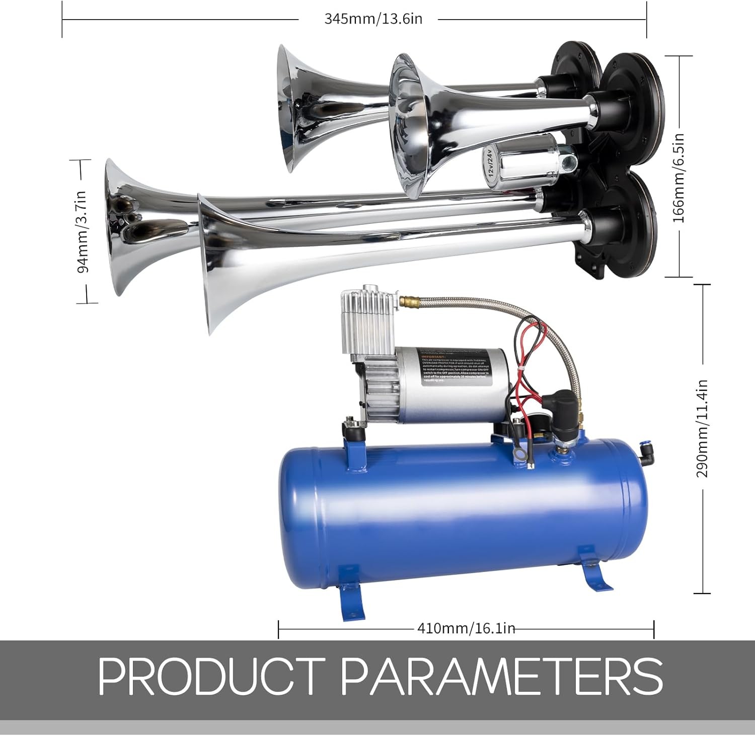 180db Train Horn Kit with 150 PSI Air Tank, Four Trumpet Air horns for Truck,