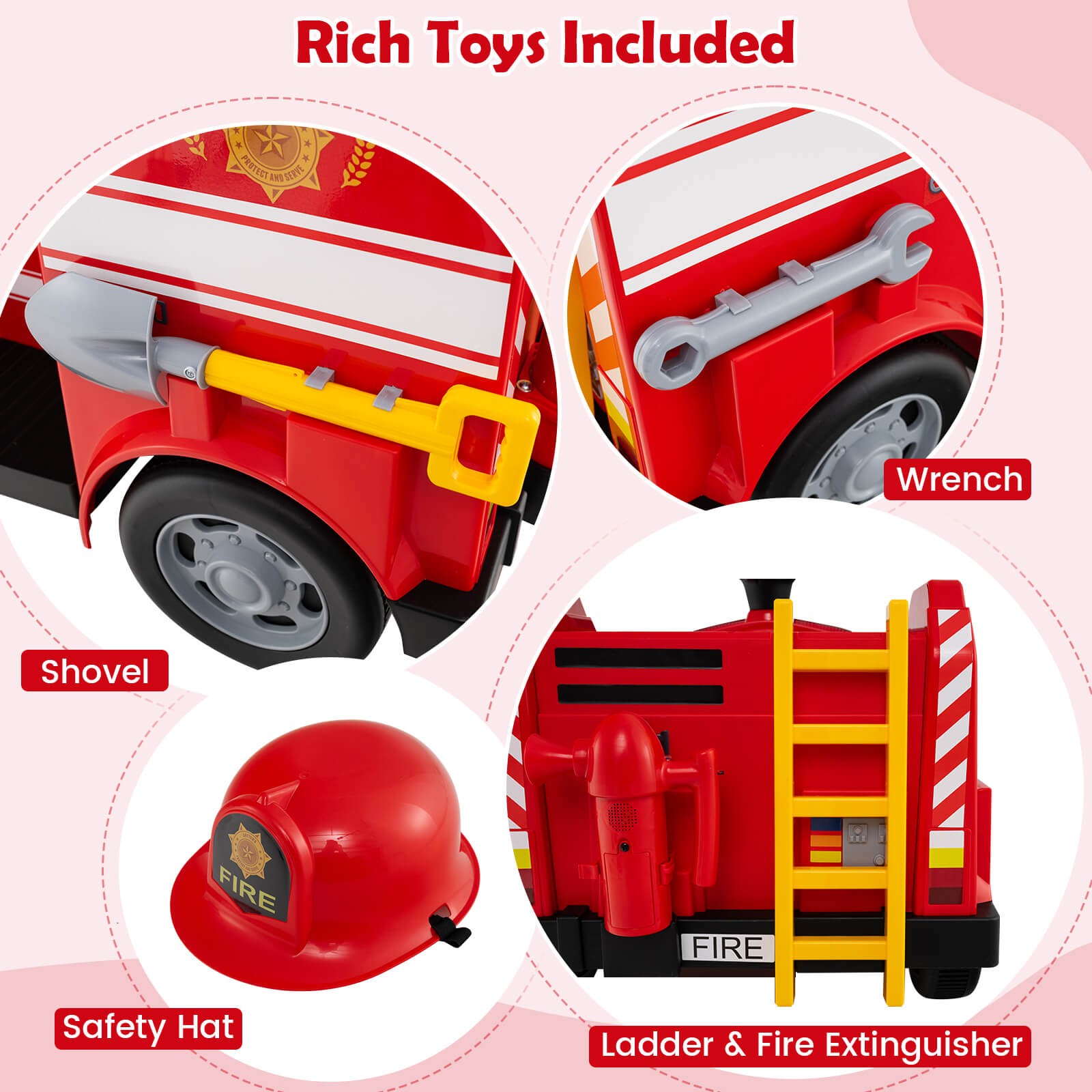 12V Kids Ride on Fire Truck Toddler Fire Toy Car w/ Shovel & Wrench Red