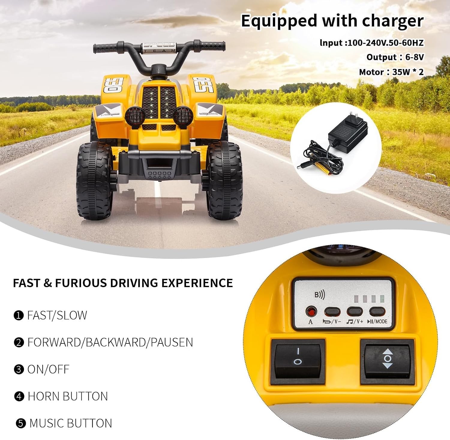 6V Kids Electric ATV Ride on Car Toy Ages 3-6Battery Powered Quad 4MPH Max Speed