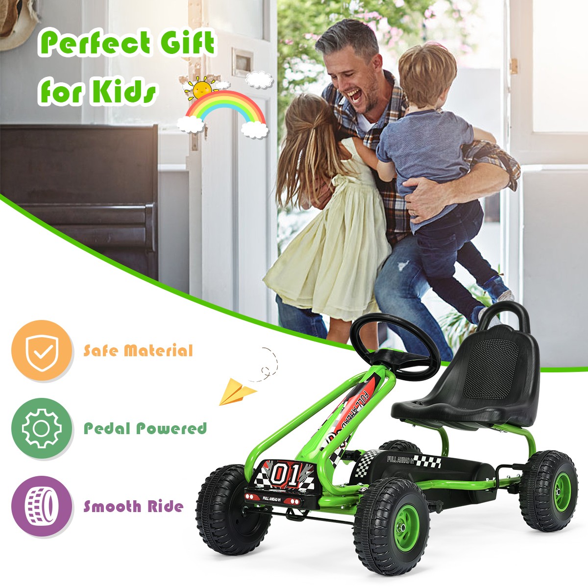 Kids Pedal Go Kart 4 Wheel Ride On Toys w/ Adjustable Seat & Handbrake Green