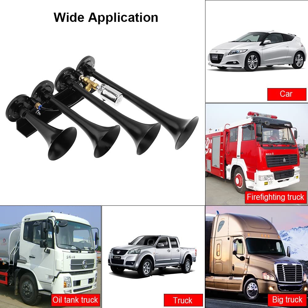 12V / 24V Truck Train Air Horn, 185dB Super Loud Four Trumpet Air Horn for Ca…