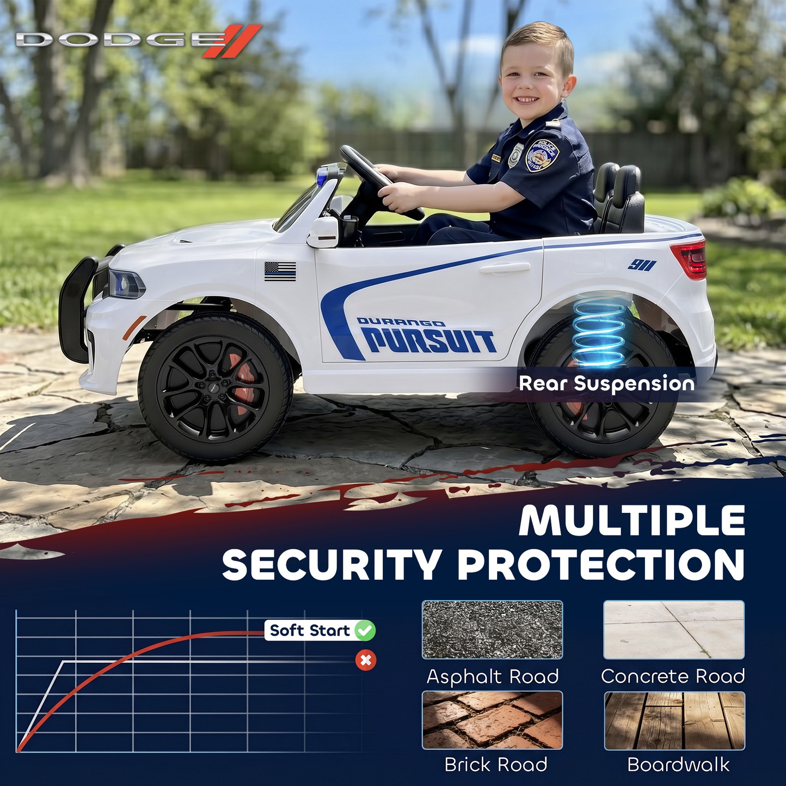 Qaba 12V Licensed Dodge Ride On Police Car with 2 Seater for Age 3-6, White