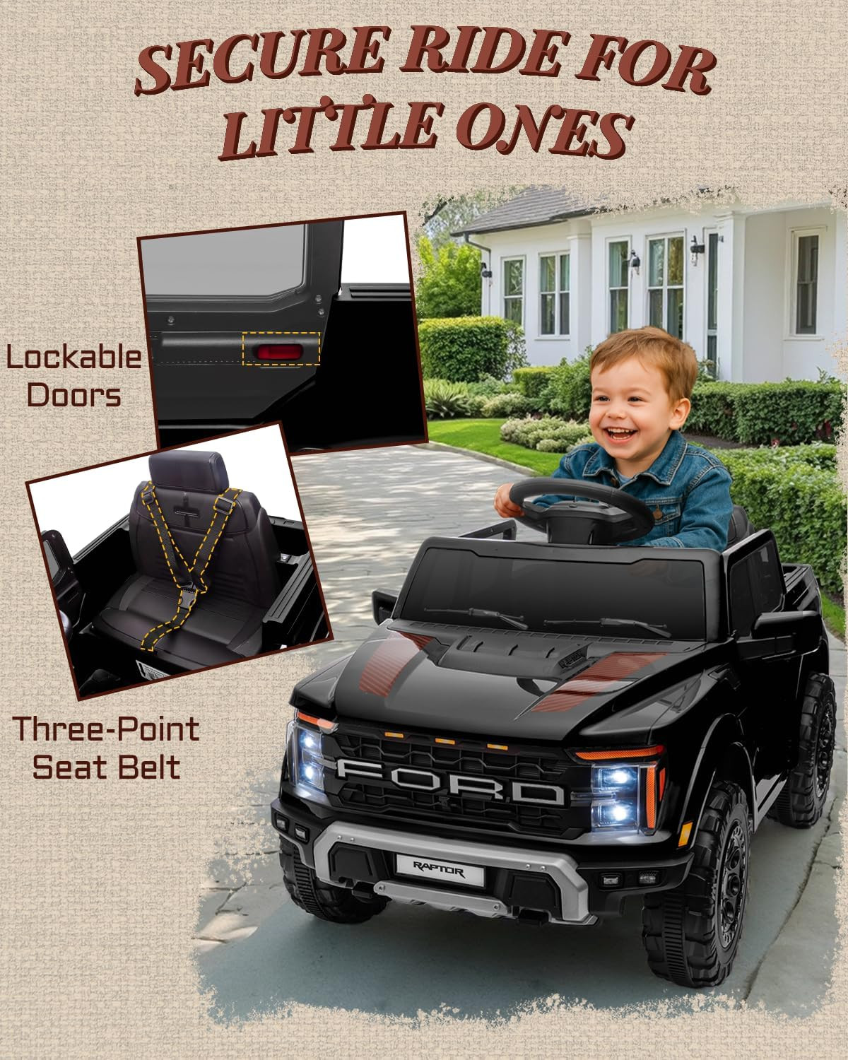12V Licensed Ford F-150 Raptor Kids Ride on Toy, Ride on Truck with Parent Remot