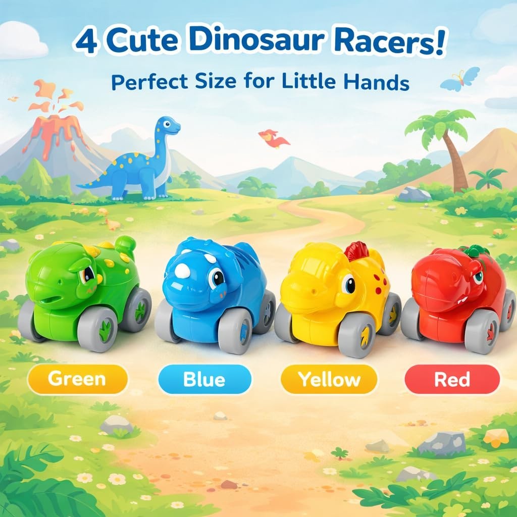 Dinosaur Car Ramp Toy for Toddlers 1-3, Drop & Go Racer with 4 Mini Cars, Educat