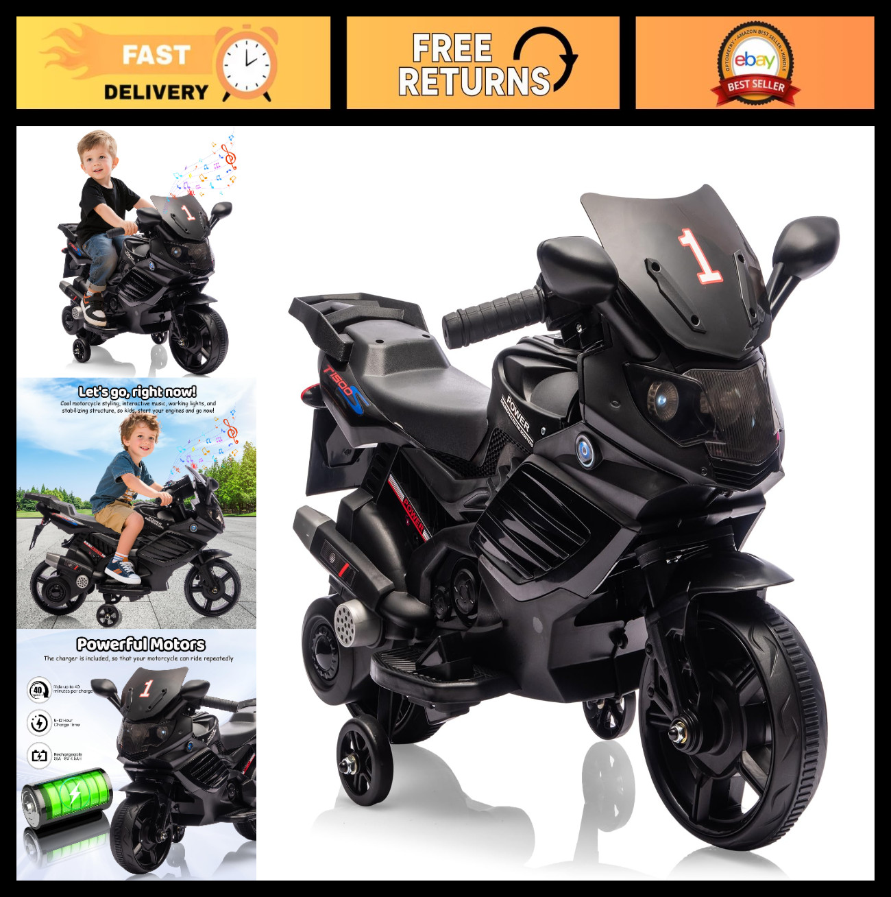 6V Kids Ride On Motorcycle – Battery Powered, Treaded Tires, Headlight, Horn, Mu