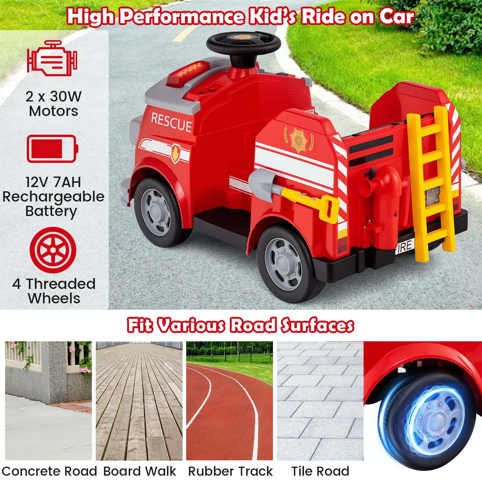 12V Kids Ride on Fire Truck Toddler Fire Toy Car w/ Shovel & Wrench Red