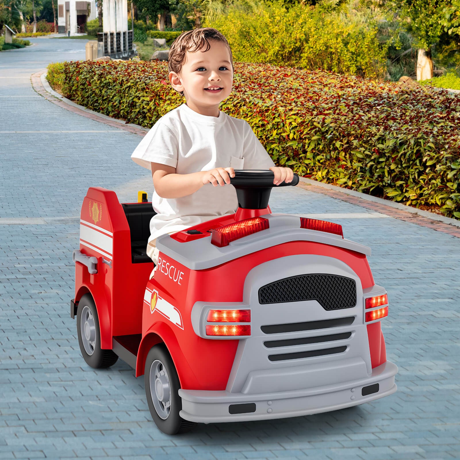 12V Kids Ride on Fire Truck Toddler Fire Toy Car w/ Shovel & Wrench Red