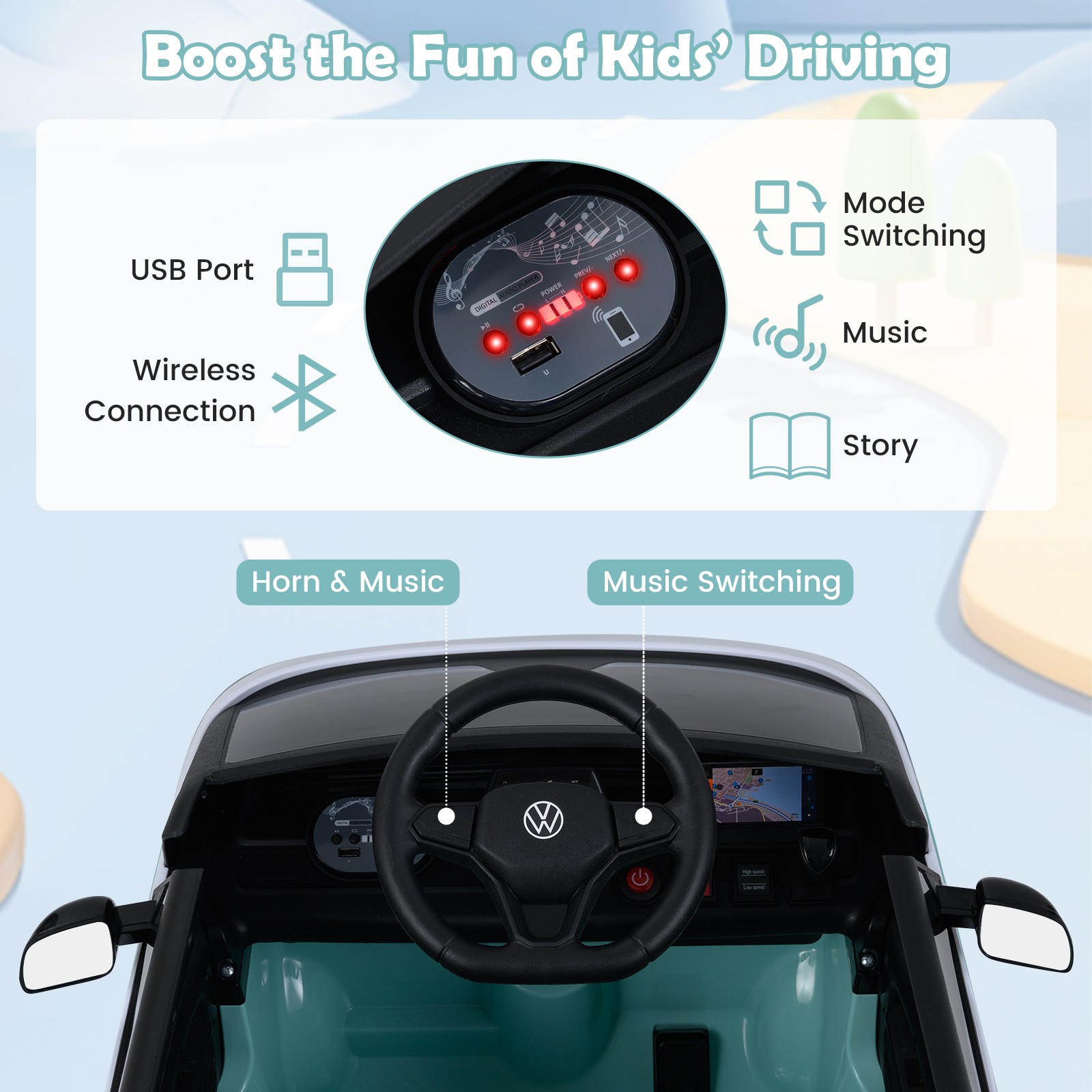 Licensed Volkswagen Ride on Car, 12V Kids Car Bus with Music, Story, Soft Start