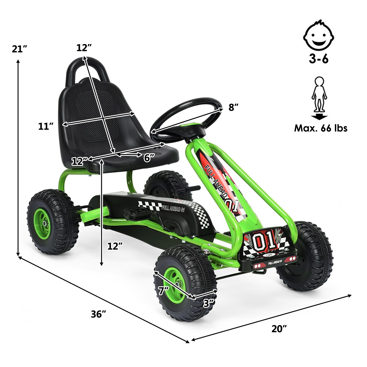 Kids Pedal Go Kart 4 Wheel Ride On Toys w/ Adjustable Seat & Handbrake Green