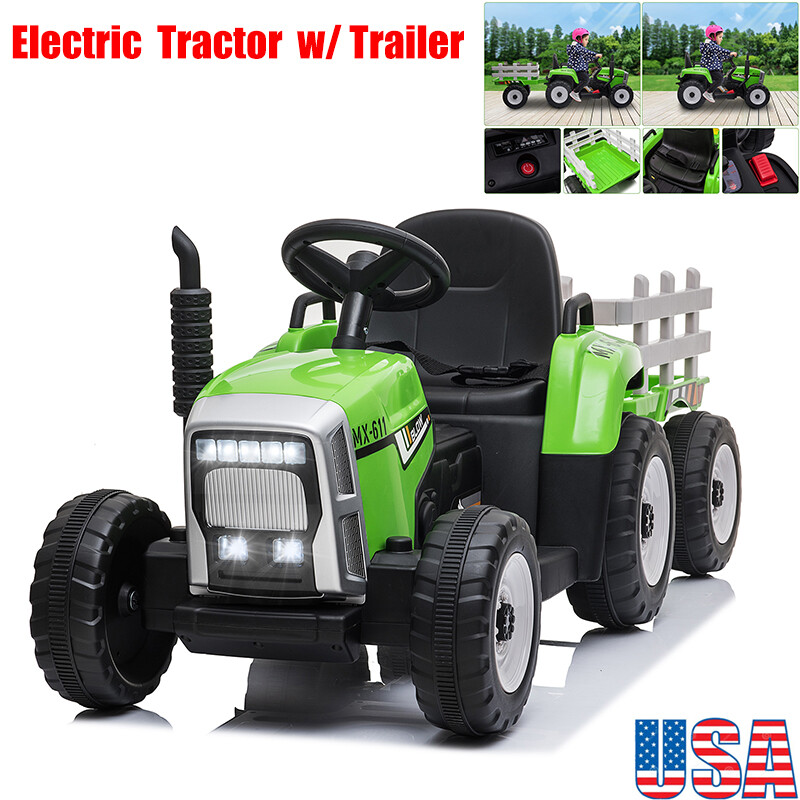 12V Electric Kids Ride On Tractor w/Trailer +LED Lights Battery Powered Toy Gift