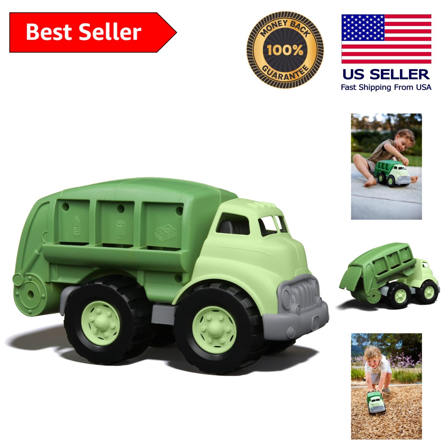 3-Chute Green Recycling Truck – Safe BPA-Free Toy for Motor Skills Development