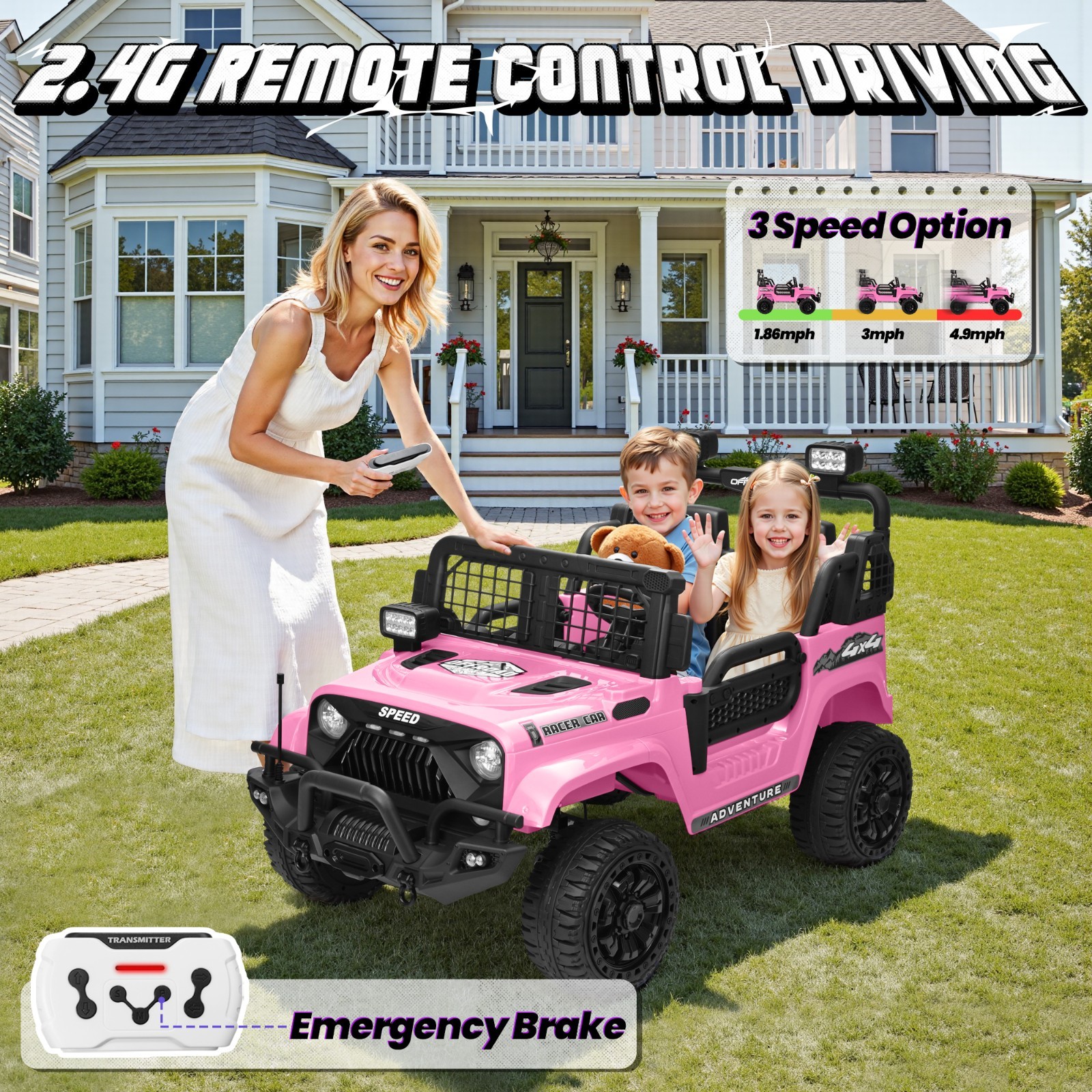 24V 4WD 2-Seater Ride On Truck 800W 9AH RC Bluetooth 3-Speed 4-Wheel Suspension