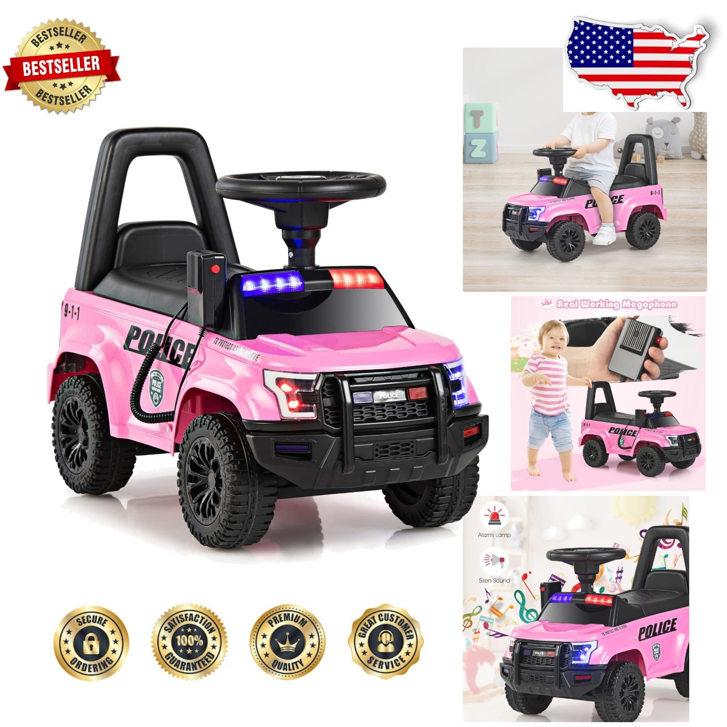 Kids Pink Police Ride On Car: Steering, Siren, Storage, 55lb Max Weight