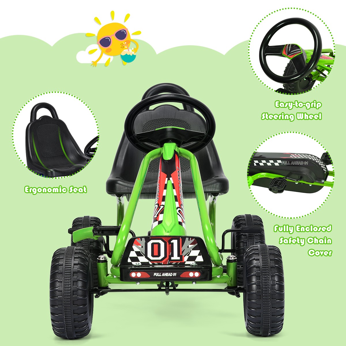 Kids Pedal Go Kart 4 Wheel Ride On Toys w/ Adjustable Seat & Handbrake Green