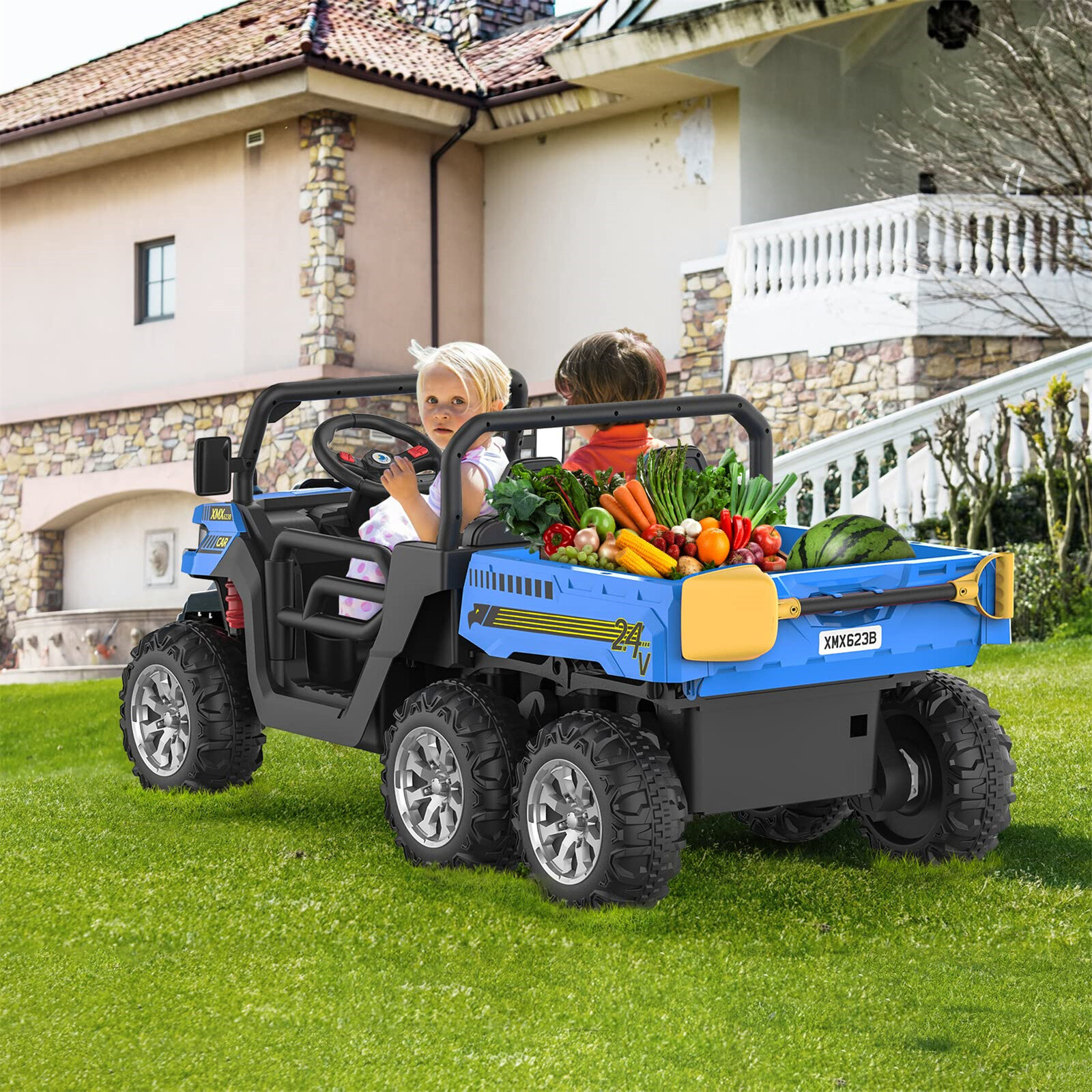 24V Ride On Dump Truck with Electric Dump Bed 6 Wheeler Kids UTV Car Two Seats