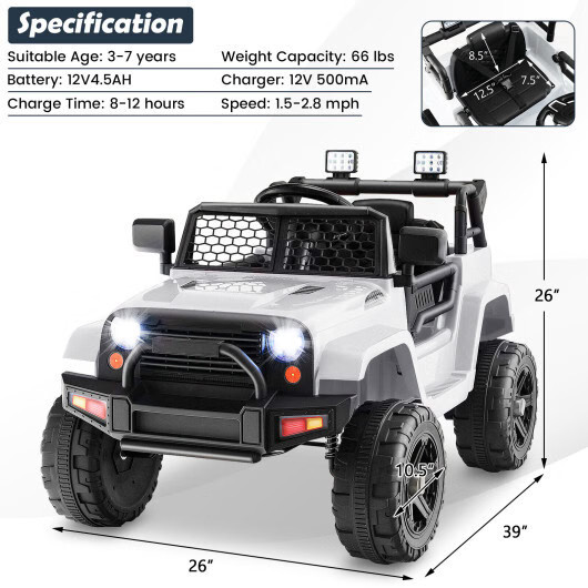12V Kids Ride On Truck w/ Remote Control & LED Headlights – White