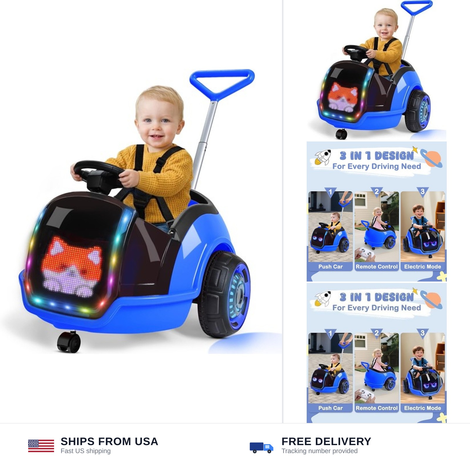ANPABO 3-in-1 Electric Push Ride On Car, 12V Kids Ride On Toy w/Remote Contro…
