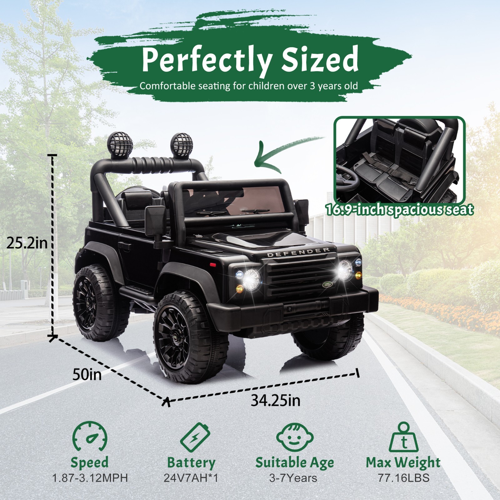 24V Kids Ride On Car Licensed Land Rover Defender w/Remote,ELectric Toys, Black