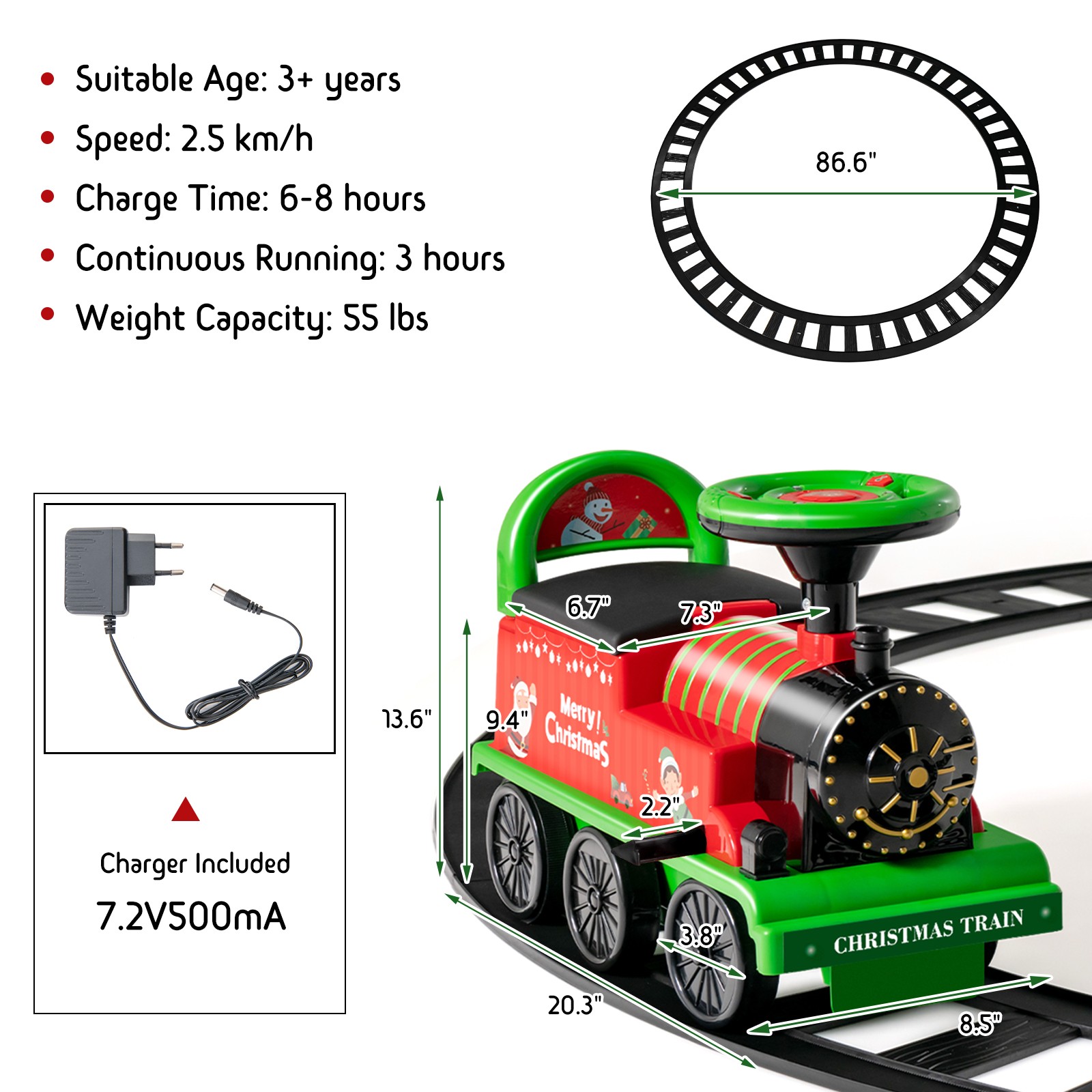 6V Electric Kids Motorized Train Toy with Unique Train Outlook & Stickers Green