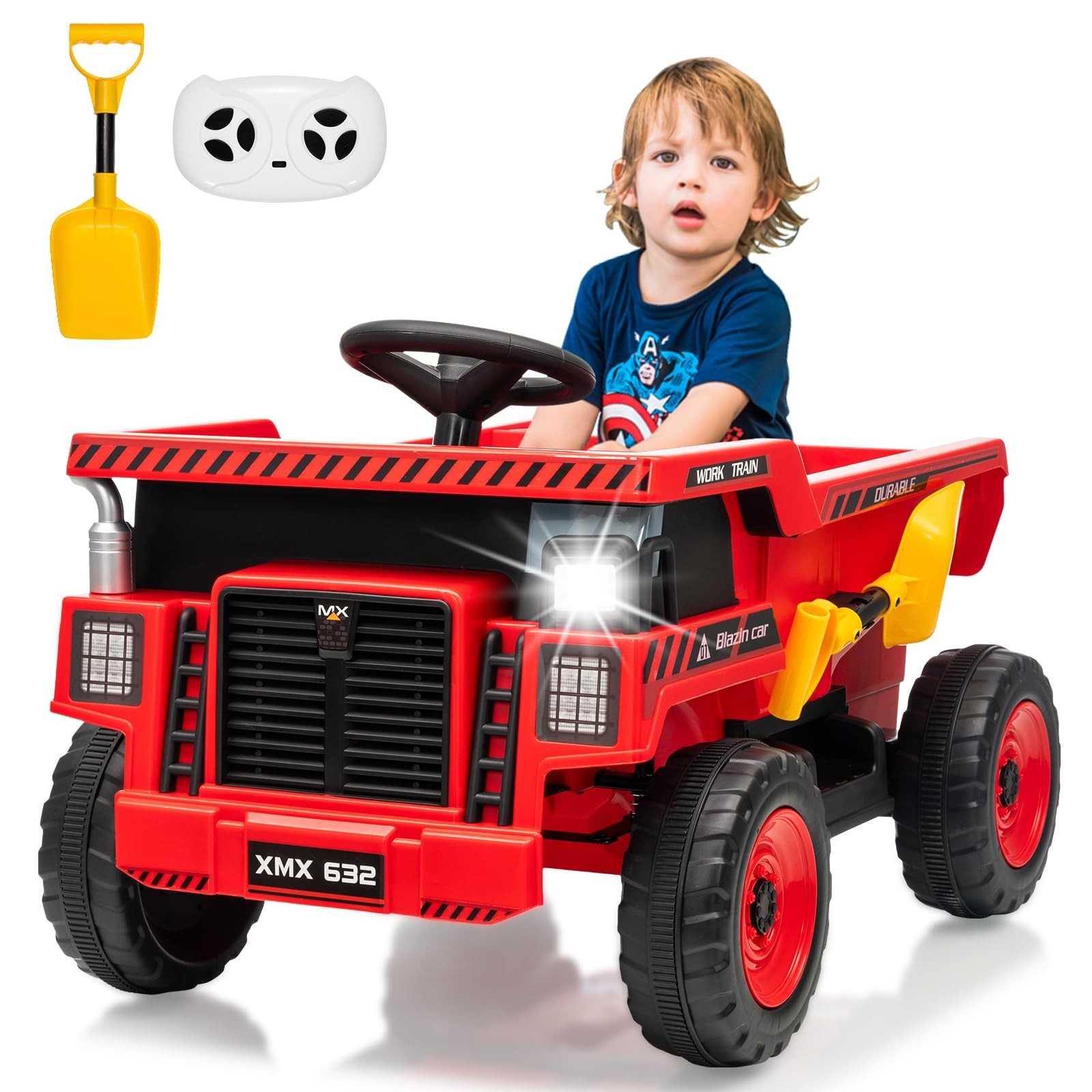 12V Electric Ride On Dump Truck For Kid Ride On Toy With Shovel LED Lights Music