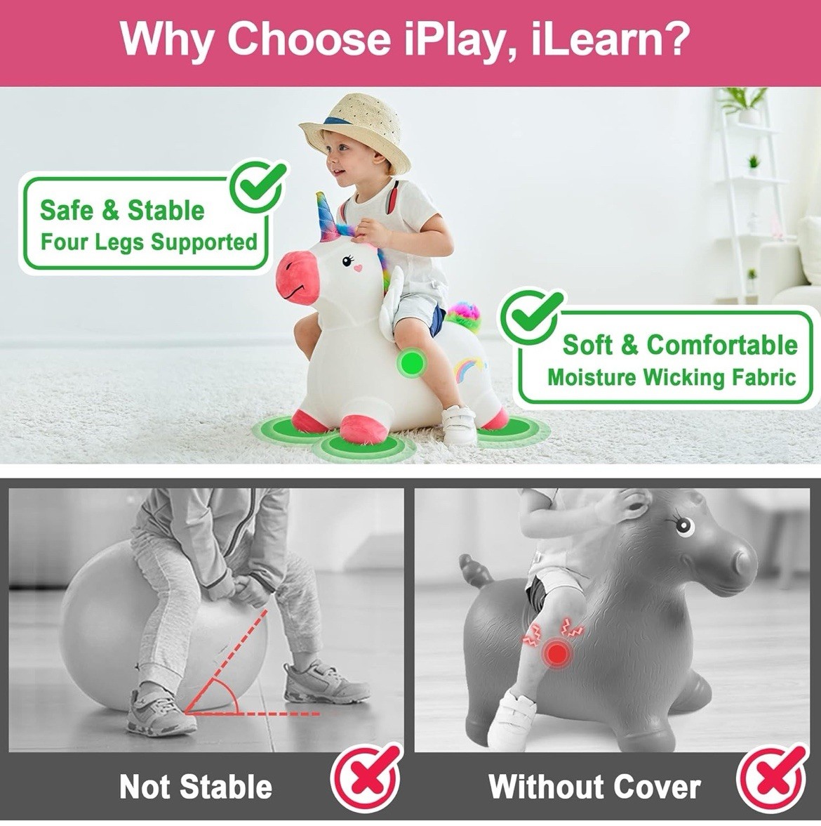 Bouncy Pals Unicorn Ultra-Soft Plush Inflatable Ride-On Toy with Pump