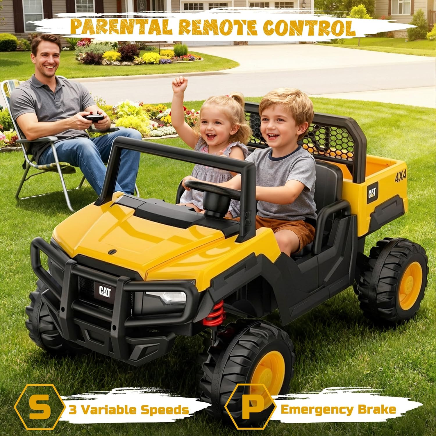 2 Seater Licensed Caterpillar Ride on Dump Truck, 24V Ride on Toys with 4×100W M
