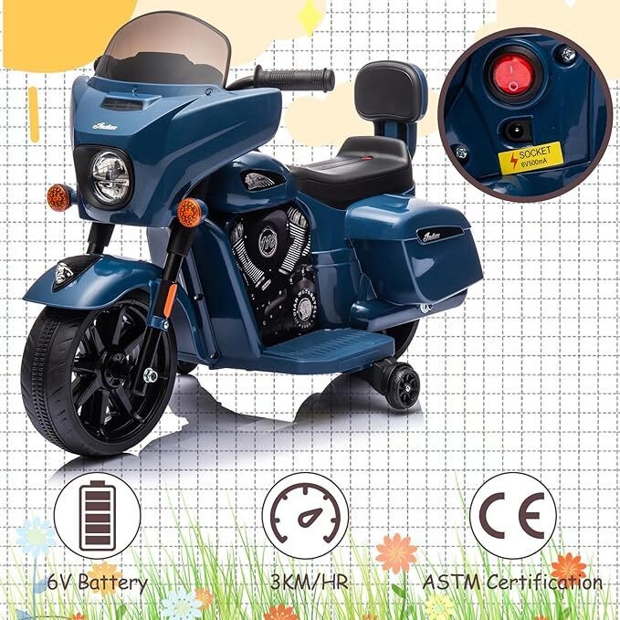 6V Kids Motorcycle,Indian Licensed Electric Motorbike w/ Toddler Training Wheels