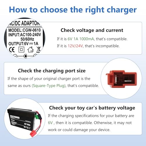 6V Battery Charger for Ride On Toys Car, Compatible with BMX X6, Kid TRAX GMC,