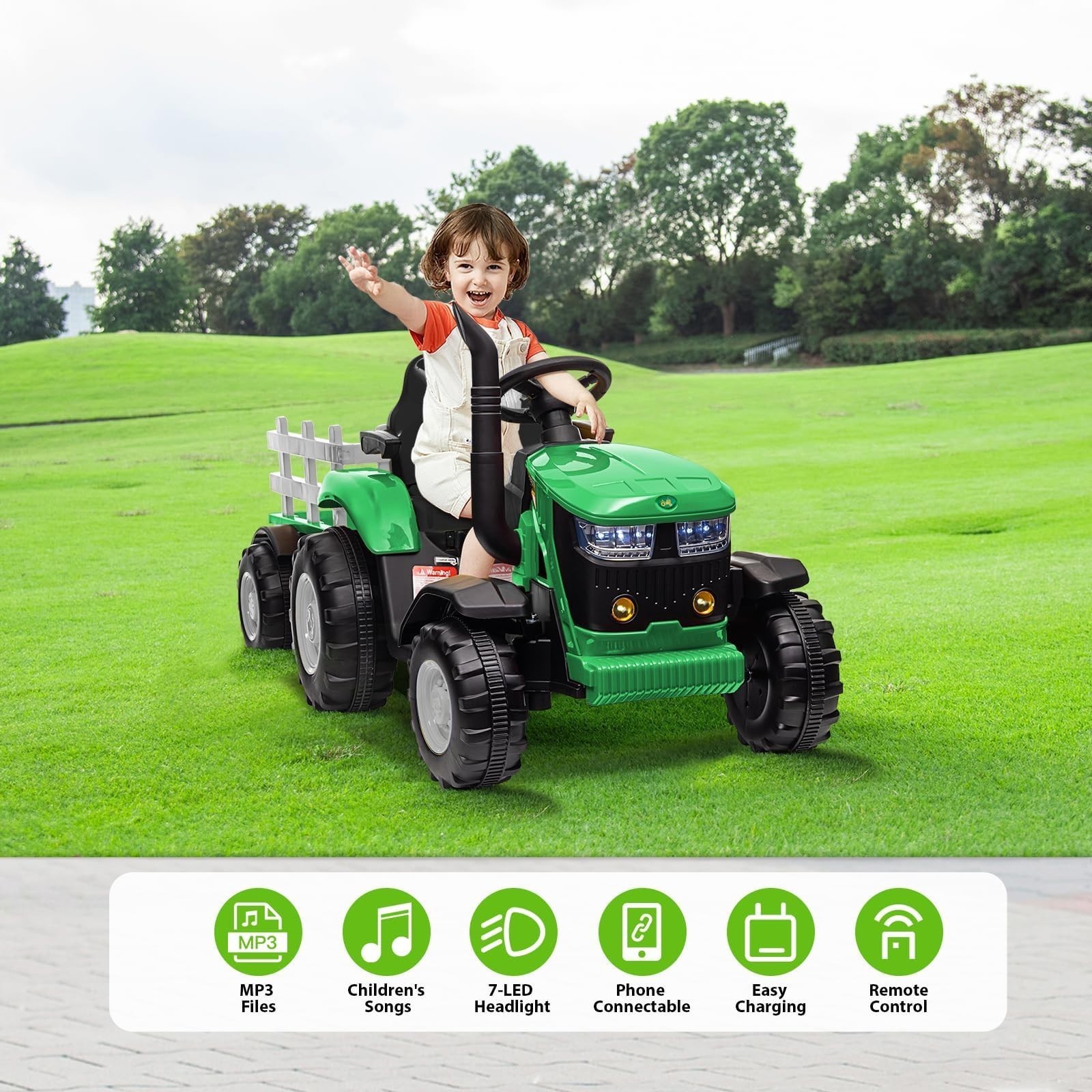12V Kid Electric Tractor w/Trailer &Remote Control Music Gift 3-8Y Green Toy Car