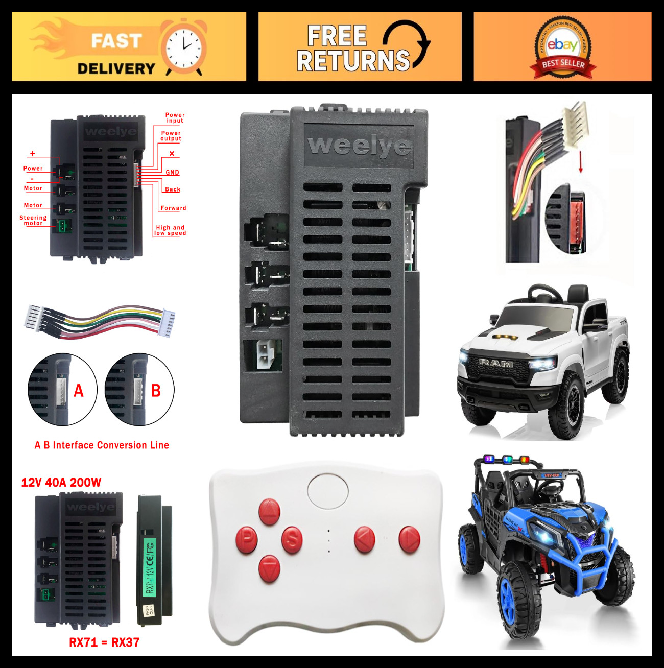 12V Power Wheels Control Box Upgrade Kit, 200W High Power Ride-On Controller wit