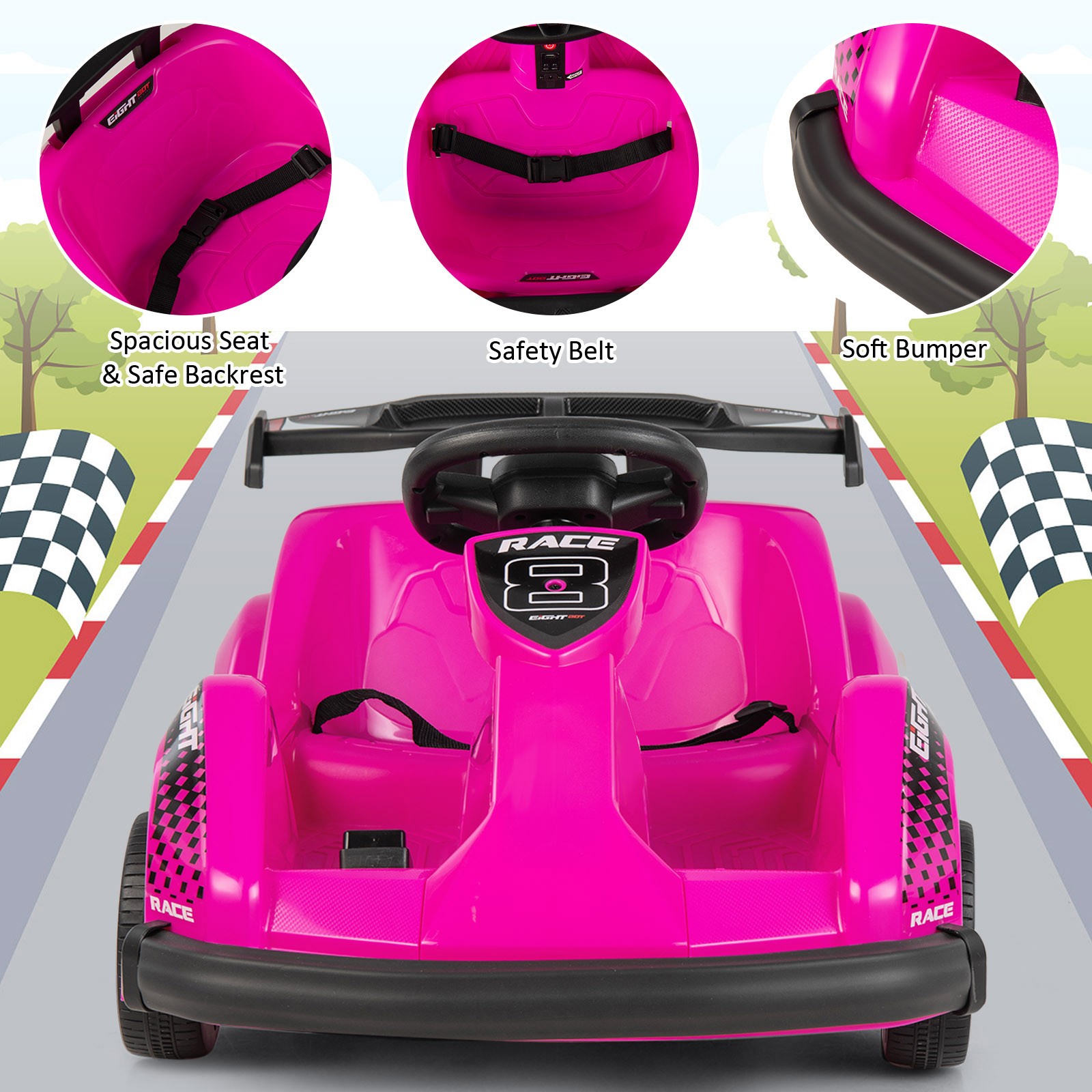 6V Battery Powered Go Kart Kids Ride On 4 Wheel Racer RC w/ Bumper & Music Pink