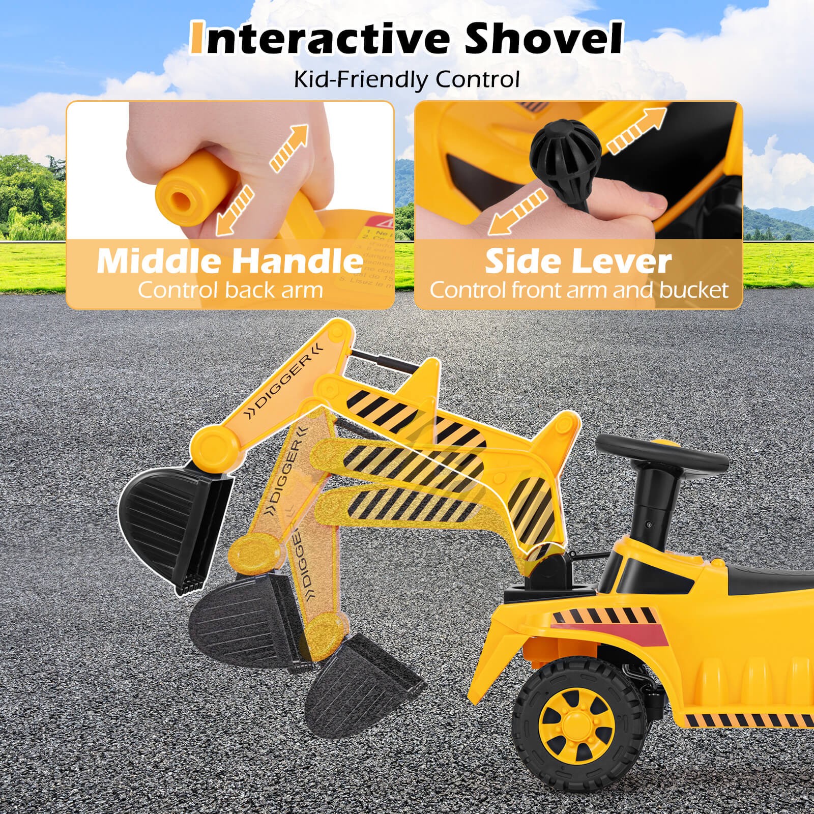 Kids Ride on Excavator w/ Adjustable Shovel Anti-Tipping Block Engine Sound