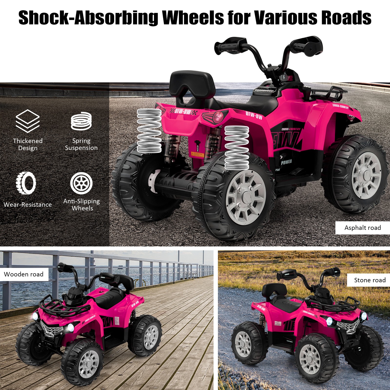 12V 2 Speeds Kids Ride ATV Electric 4-Wheeler Quad w/ Mp3 & Headlights Pink