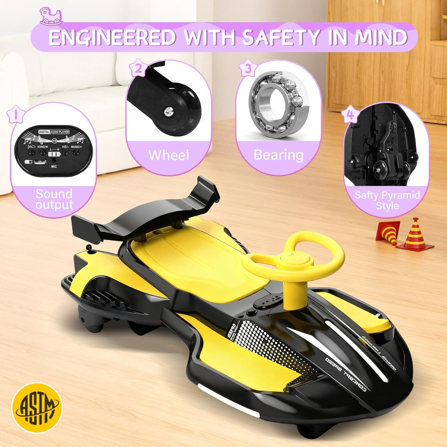 12V Electric Wiggle Car with Pedal for Kids, Rechargeable 2 in 1 Swing Toy, Devi