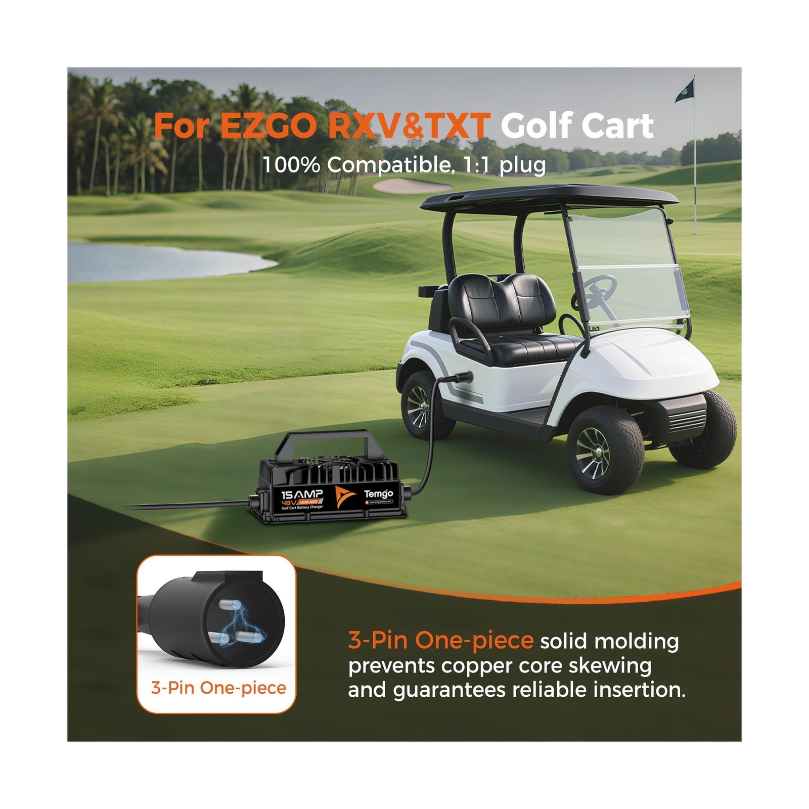 15 AMP 48 Volt Golf Cart Battery Charger for Club Car, 3-Pin Round Plug Fast …