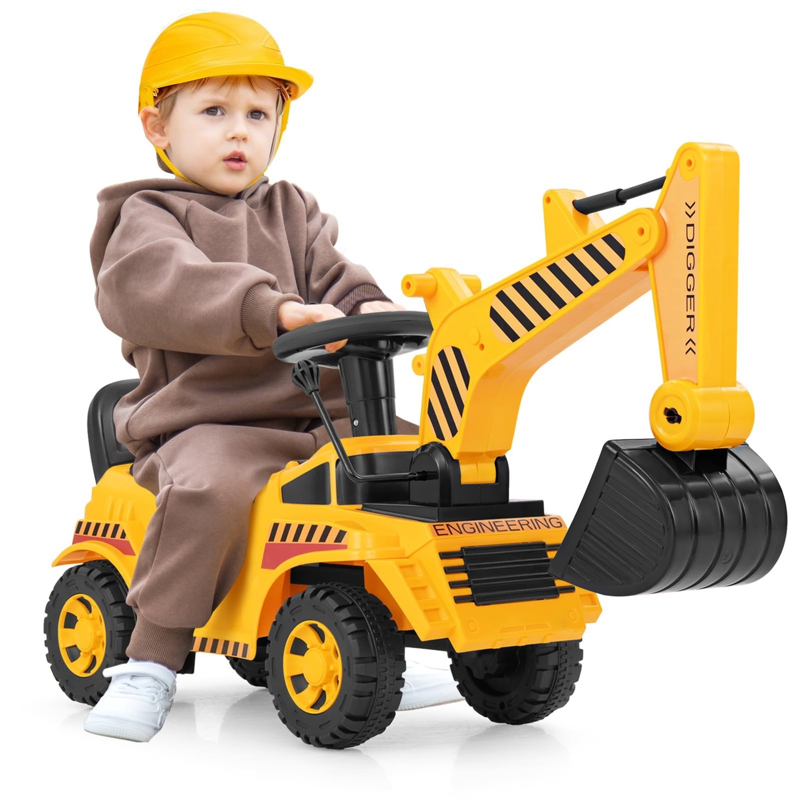 Kids Ride-On Excavator Digger Truck Toy with Working Shovel & Engine Sound, Stor
