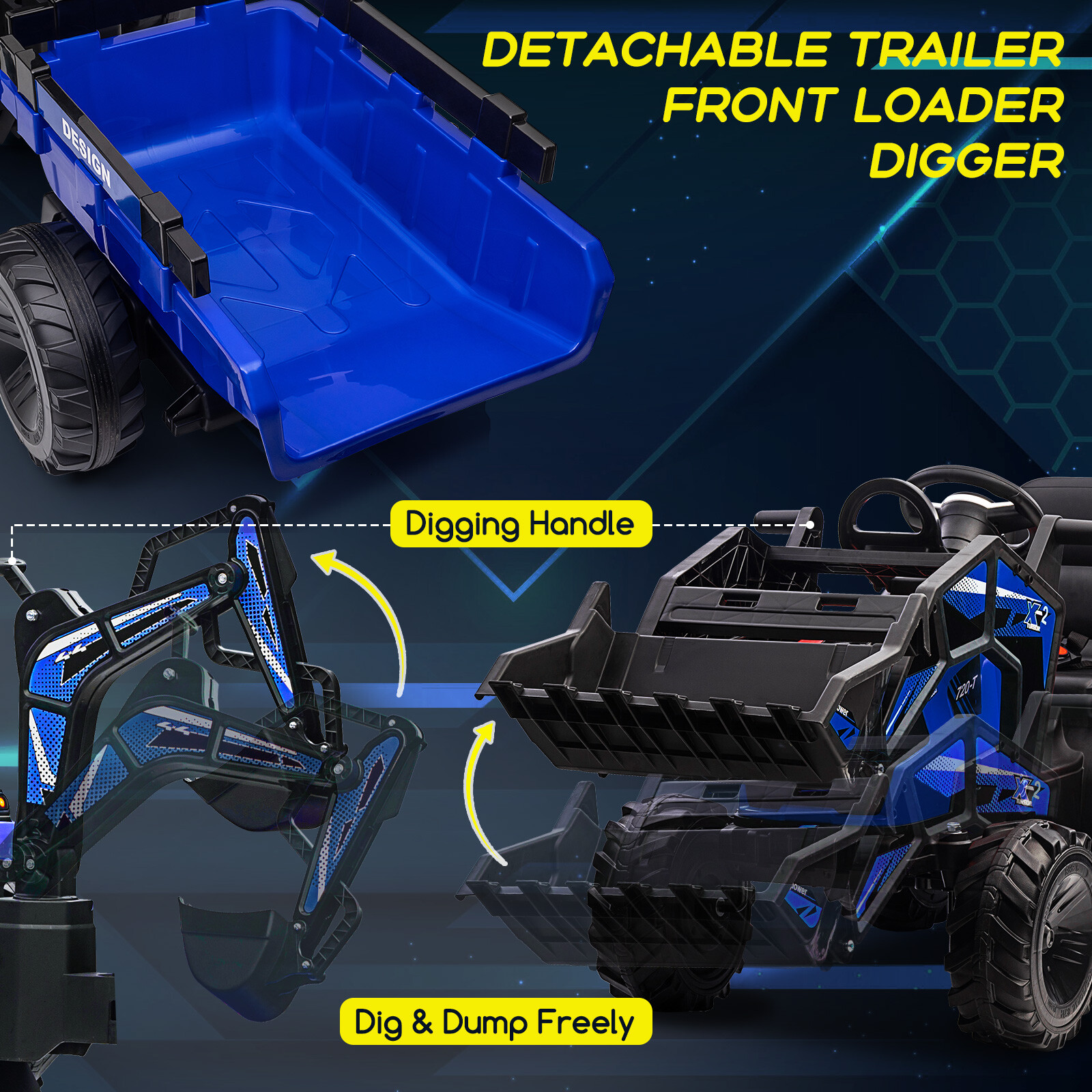 24V Electric Vehicles w/Trailer 3 in 1 Kids Ride On Tractor, Bulldozer & Excavat