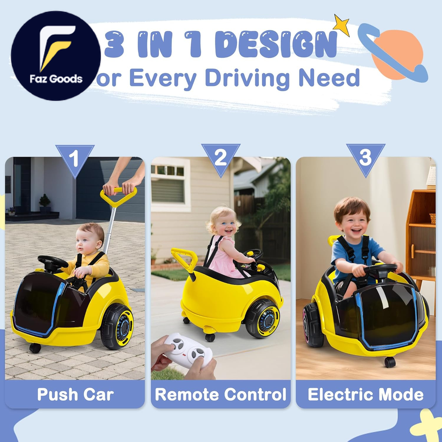 3-In-1 Electric Push Ride on Car 12V Kids Ride on Toy W/Remote Control, 360° Spi